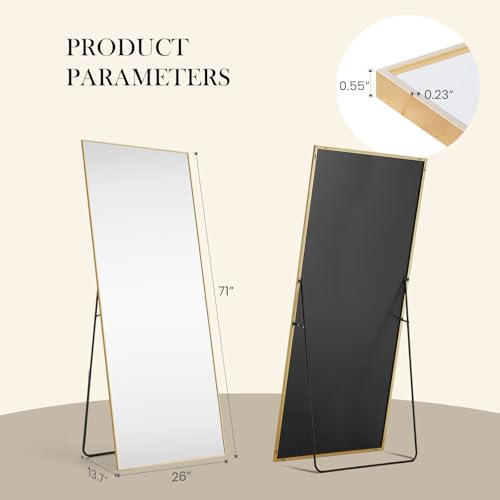 DUMOS 71"x26" Full Length Mirror, Full Body Mirror, Gold | Aluminum Alloy Thin Frame, Leaning or Hanging, Suitable for Bedroom, Livingroom, Cloakroom - color: Gold-rect, size: 71"L x 26"W
