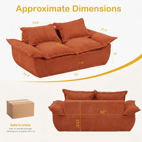 56" Boneless Loveseat Sofa, 2-Seater Boneless Sofa with Removable Cushions & 2 Pillows, Small Deep Seat Boneless Couch Compress Foam Sofa for Living Room, Apartments, & Office - color: Orange, size: Loveseat（56")