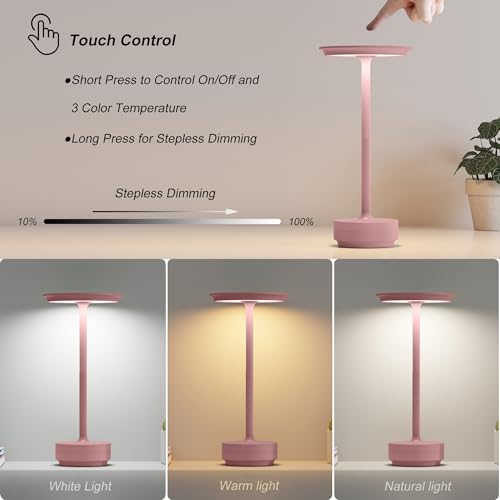 TBBGA 2 Pack Rechargeable Table Lamps Cordless, 5000mAh Outdoor Table Light | 3 Color Stepless Dimming Portable LED Table Lamp with Memory Function, for Home/Dinner/Patio/Restaurant.(Pink) - color: Pink-2