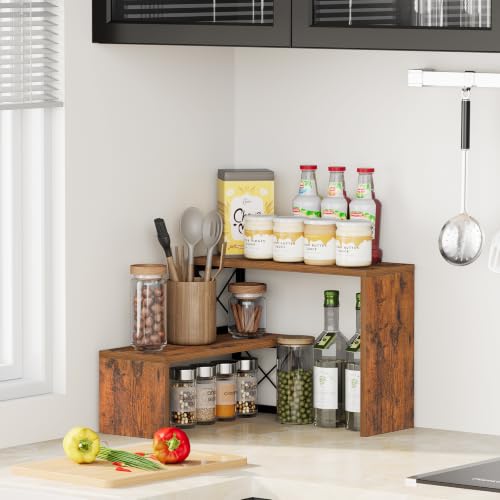 YINMIT Kitchen Countertop Organizer, 2 Tier Stackable Spice Rack | Cabinet Organizer Shelf, Counter Corner Shelves Organization and Storage for Pantry, Coffee Station, Bathroom, Rustic Brown