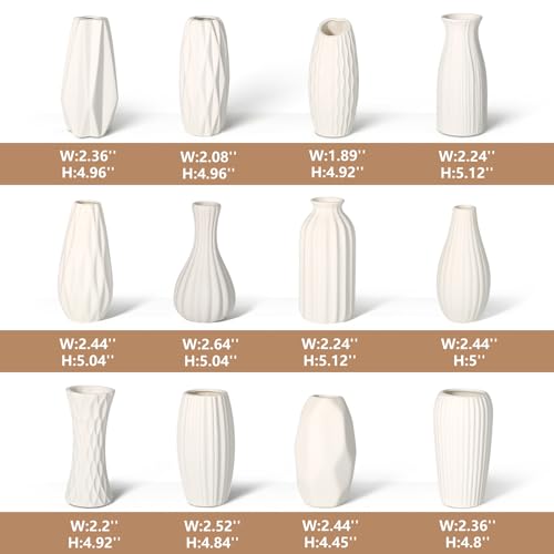 BEAHOT Ceramic Bud Vases Set of 12 - Matte Mini White Jars Bulk | Small White Ceramic Vases for Centerpieces, Wedding Floral Arrangements, DIY Crafts & Boho Table Decor (No Repeating Designs) - size: 12pack Unglazed White