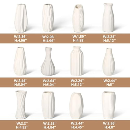 BEAHOT Ceramic Bud Vases Set of 12 - Matte Mini White Jars Bulk | Small White Ceramic Vases for Centerpieces, Wedding Floral Arrangements, DIY Crafts & Boho Table Decor (No Repeating Designs) - size: 12pack Unglazed White