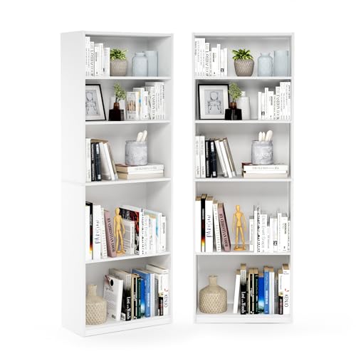 Furinno Jaya Book Shelf Set of 2, 5-Tier Bookshelf, Bookcase, with Adjustable Shelf, 9.5 x 24.5 x 71, for Home Office, Living Room, White - color: White, size: Set of 2, 5-Tier
