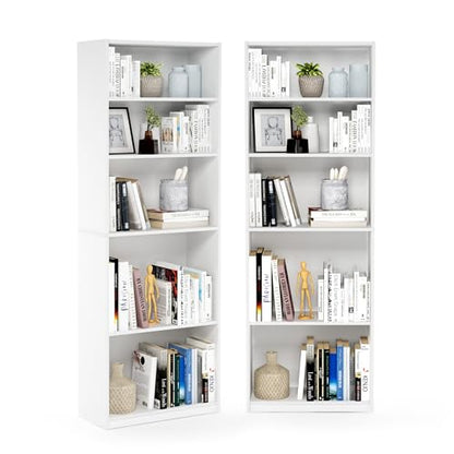 Furinno Jaya Book Shelf Set of 2, 5-Tier Bookshelf, Bookcase, with Adjustable Shelf, 9.5 x 24.5 x 71, for Home Office, Living Room, White - color: White, size: Set of 2, 5-Tier