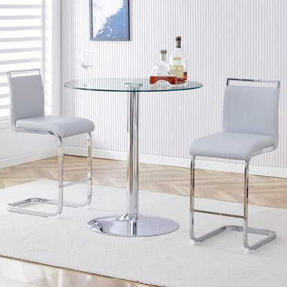 gopop 3 Piece Dining Table Set for 2, Modern Round Glass Counter Height Pub Table, Compact High Top with Bar Stools Pub Dining Set for Kitchen, Breakfast Room, Dining Room. (Light Grey, 3 Piece) - color: Light Grey