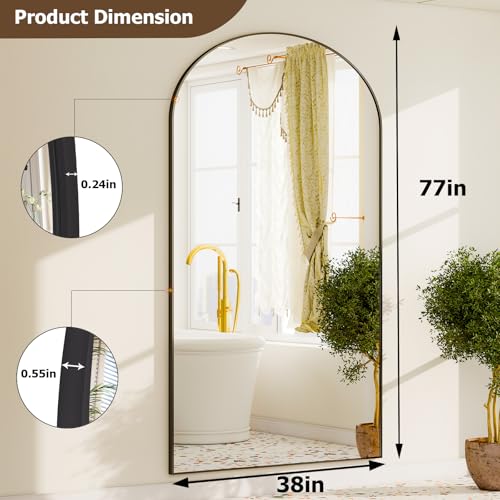 GLSLAND-77x38 Large Arched Full Length Mirror Oversize Floor Mirrors Black | Aluminum Alloy Frame Freestanding Mirror for Leaning Hanging, Frame Full Body Dressing Mirror for Bedroom Living Room - color: Black, size: 77"L x 38"W