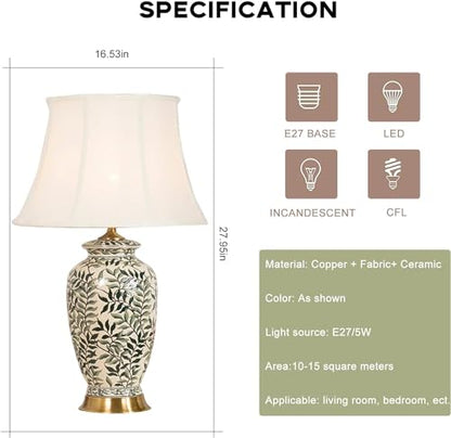 27.95 Modern Table Lamps, Ceramic Table Lamp with Painted Leaves, White Bedside Table Lamp, Table Lamp for Bedroom, Living Room, Study Room