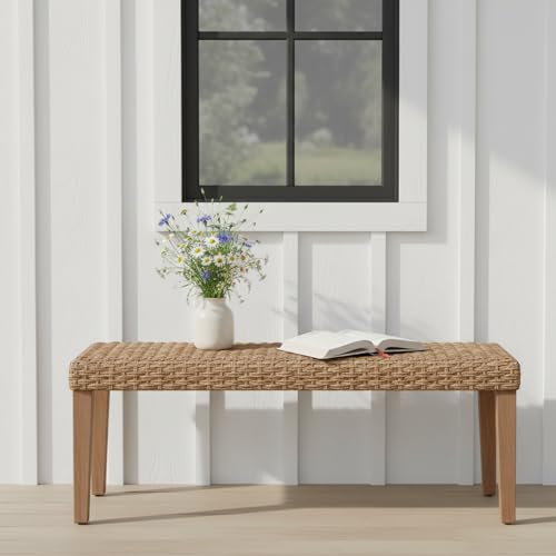 Outdoor Rattan Backless Bench with PE Wicker & Acacia Wood Frame, Natural | All-Weather Wicker Woven Seat for Patio, Porch, Living Room or Entryway - color: Plait - Natural Leg & Pe
