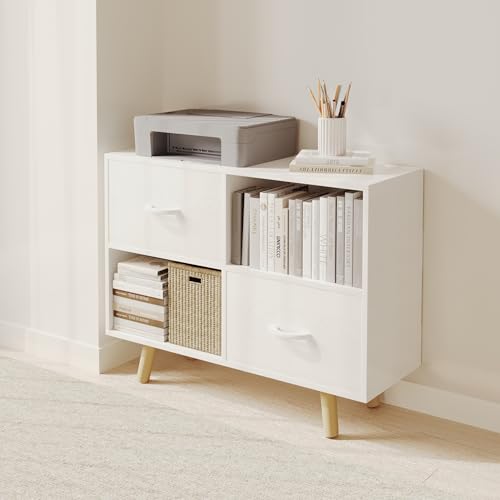 Bookcase with Fabric Storage Bins - 4 Cube Bookshelf | White, for Home Office, with 2 Drawers, Modern Organizer Display Shelf, Living Room - color: White, size: 4-Cube