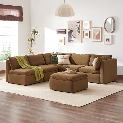 mopio Oversized Modular Sectional Sofa with Fully Removable Covers and Storage, Convertible U & L Shaped Sectionals, Modern Cloud Couch with Ottoman Chaise (Hazelnut Velvet, 6 Seats, L) - color: [Gen 2] Hazelnut Velvet, size: 6 Seats, L