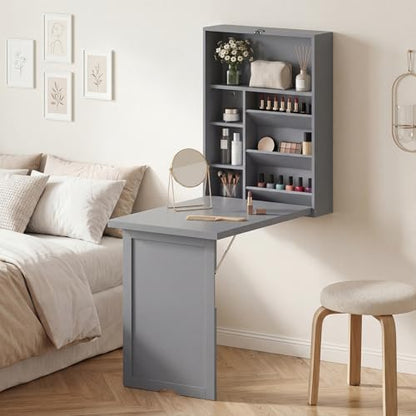 Giantex Wall Mounted Desk, Foldable Convertible Computer Desk with Storage Shelves, Space Saving Fold Out Table, Folding Floating Writing Desk for Small Spaces, Home Office, Bedroom, Apartment (Grey) - color: Grey