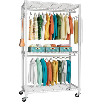 P1 Heavy Duty Garment Rack, 3 Tiers Adjustable Rolling Metal Closet | White Clothing Organizer with Lockable Wheels, Free-Standing Wardrobe with Double Hanger Rods and Hooks, Max Load 450lbs - color: White, size: P1