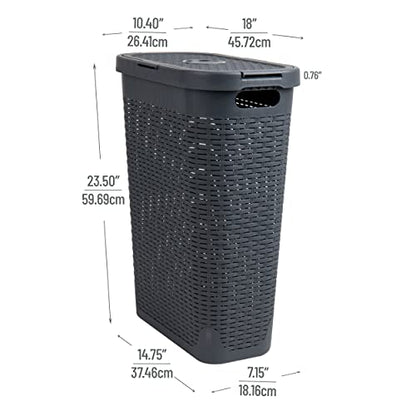 Mind Reader Slim Laundry Hamper with Lid, 40L Clothes Basket, Narrow Tapered Design with Ventilated Cutout Pattern, Plastic, Set of 2, Gray