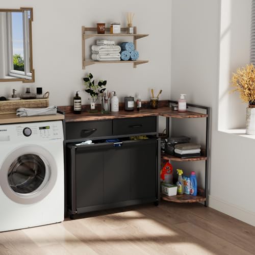 STIKELY L Shaped Laundry Hamper Laundry Basket with 3 Section Pull-Out Rolling Bags & 3-Tier Storage Shelf, Laundry Sorter for Organization and Storage with 2 Drawers for Laundry Room - color: Brown+Black, size: 39.3'' x 31.8'' x 24.2''