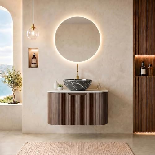 24” Floating Bathroom Vanity with Sink, Fluted Wall-Mounted Solid Wood Cabinet, Black Marble-Patterned Bowl Basin, Faux Marble Top, Soft-Close Drawer, Pre-Assembled, Walnut Woodgrain - color: 05 - Walnut Woodgrain, size: 24"