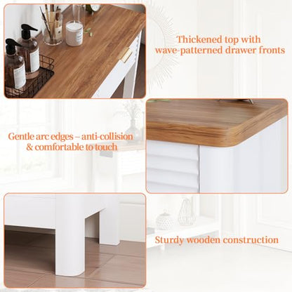 Fluted 47.2" Console Table with Outlets and USB C, Narrow Entryway Table with 3 Drawers, Modern Farmhouse Wood Sofa Table Behind Couch for Living Room, White & Walnut - color: Entryway Table-white