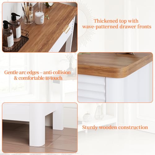 Fluted 47.2" Console Table with Outlets and USB C, Narrow Entryway Table with 3 Drawers, Modern Farmhouse Wood Sofa Table Behind Couch for Living Room, White & Walnut - color: Entryway Table-white