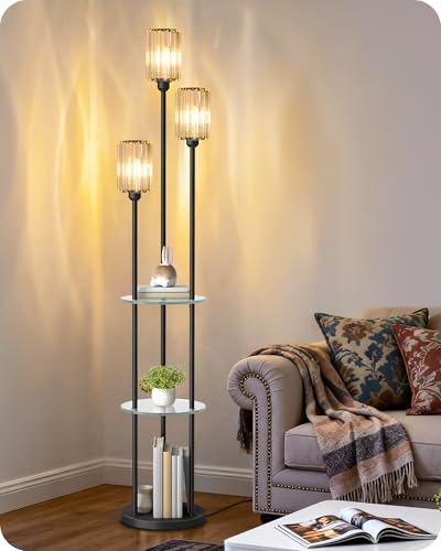 Black Floor Lamp with Shelves, Modern Floor Lamp with 3 Crystal Shades and Foot Switch, 3-Light Standing Lamp, for Living Room, Bedroom, Study, Office, Black B53LD05 - color: Black + Crystal Glass