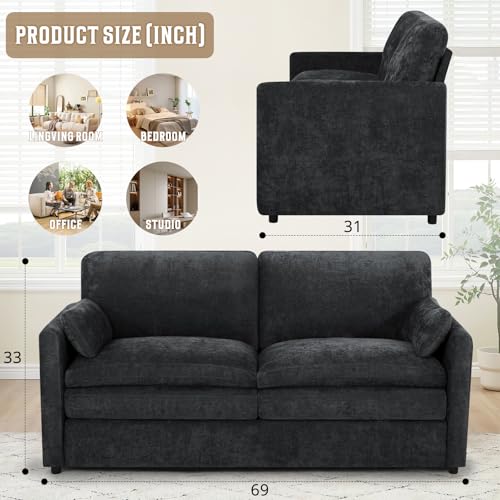 69" Chenille Modern Couch with Cozy & Soft Backrests, Black | 3 Seats Sofa with 2 Extra Pillows, Comfy Upholstered Sofa with Thicker Cushions for Living Room, Office - color: Black, size: Loveseat