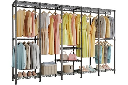 Higeego H5 Heavy Duty Clothes Rack, Black Clothing Rack for Hanging Clothes | 93.3"Wx15.7"Dx75.4"H, Large Garment Rack, Freestanding, Wardrobe Closet with Adjustable Shelf, Load 1400 lbs - color: Black