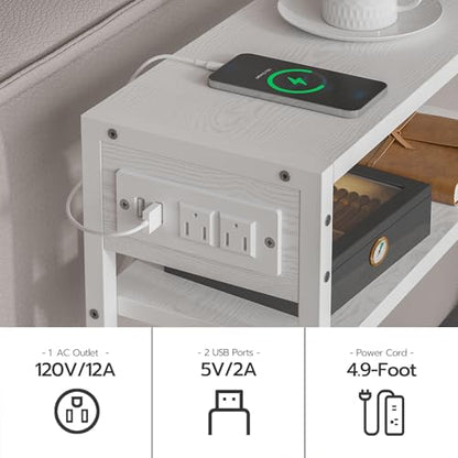 Leomonio White Side Table with Charging Station, Slim End Tables with Fabric Basket, Skinny Table for Small Spaces, Thin Bedside Table for Living Room, Bedroom - color: White - Outlet