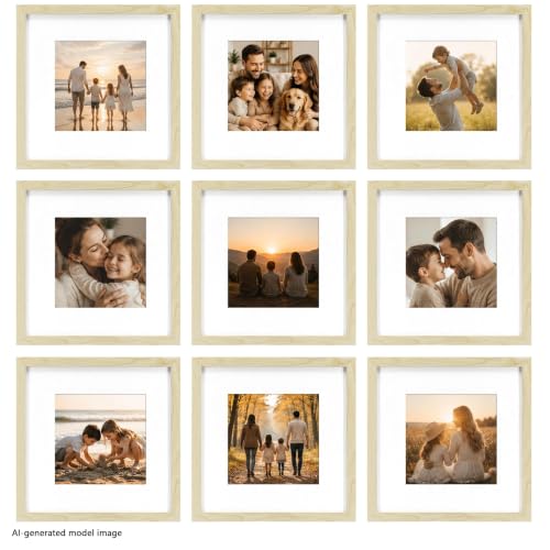 HEART ART 10x10 Natural Wood Picture Frame Set of 9,Display Pictures 6x6 with Mat or 10 x 10 without Mat,Multi Collage Gallery Square Photo Frames for Wall | Gallery Wall Frame Set, Collage, Square Picture Frame - color: Natural Wood, size: 10x10 for 6x6