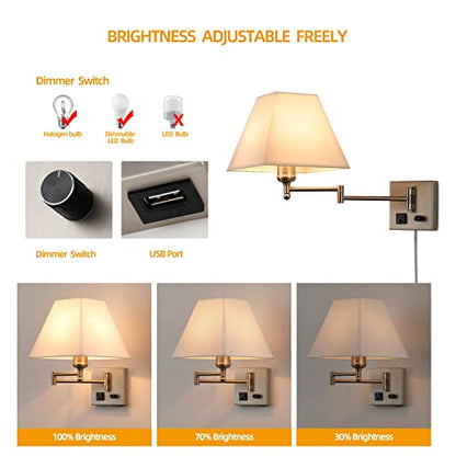 Plug in Wall Light,Swing Arm Wall Sconces with USB Port and Outlet,Wall Lamp with White Fabric Shade Dimmable Switch for Bedroom, Living Room , Office Nickel - color: Sand Nickel