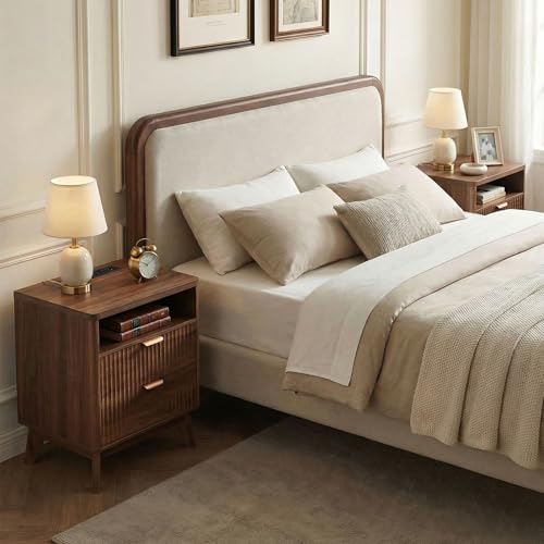 LYNCOHOME Fluted Nightstand with Charging Station, 19.7 inch Wide End Table with 2 Drawers, Modern Wood Bedside Table for Bedroom,Brown,1 Pcs - color: Walnut, size: 15"D x 19.7"W x 25.5"H（2 Drawers）