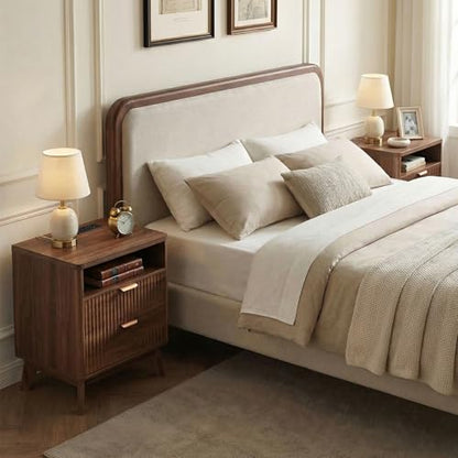 LYNCOHOME Fluted Nightstand with Charging Station, 19.7 inch Wide End Table with 2 Drawers, Modern Wood Bedside Table for Bedroom,Brown,1 Pcs - color: Walnut, size: 15"D x 19.7"W x 25.5"H（2 Drawers）