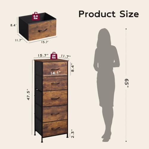 WLIVE Tall Dresser for Bedroom, 5 Drawer Dresser, Rustic Brown | 5 vertical fabric drawers, Tall vertical design, Bedroom or closet use, Dresser for small spaces, Chest of drawers - color: Rustic Brown Wood Grain Print