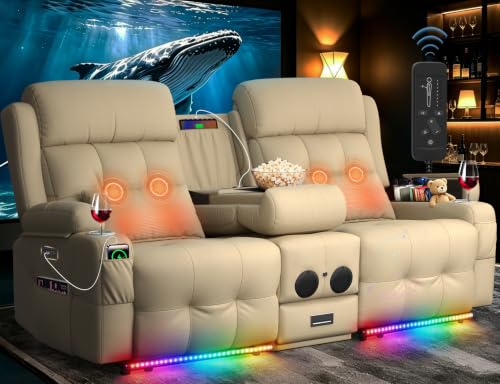 Home Theater Seating, Power Loveseat Recliner Sofa with Massage & Heat | Wall Hugger Reclining Loveseat with USB, RV Couch with LED Lights, Flip Backrest, Cup Holders for Movie Theater, Gaming Room - color: Pebbled Beige White, size: 72" - 2 Seats