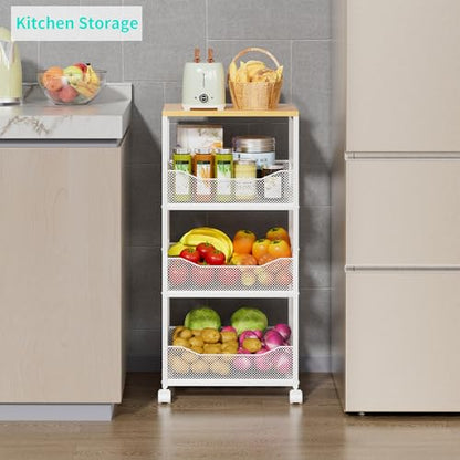 HapiRm Fruit Basket Kitchen Cart - 4-Tier Rolling Storage Cart with Wheels, Wood Top Utility Pantry Cart for Vegetables, Potatoes, Onions, Bread, Snacks - color: White