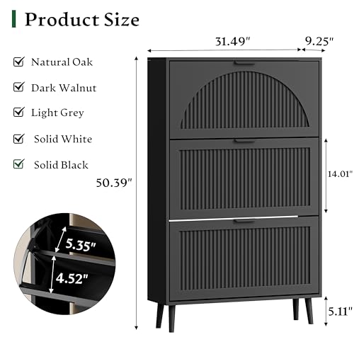 Xixini Shoe Storage Cabinet with 3 Flip Drawers, 50" Tall Narrow Wood Fluted Shoe Organizer for Entryway, Freestanding Wooden Hidden Slim Shoe Rack for Front Door Entrance, Hallway, Foyer, Solid Black - color: Solid Black, size: 3 Flip Drawers