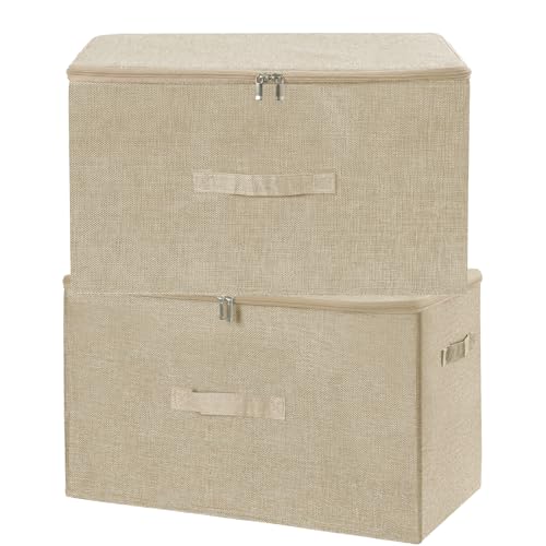ANMINY Fabric Storage Bins with Zipper Lids, 20"x15"x12", Beige, 2 PCS | 62.3Qt Cotton Linen Storage Box, PP Board Frame, Washable, Collapsible, with Handles & 3-side Open Lid, Stackable Extra Large - color: Beige, size: Extra Large (Pack of 2)