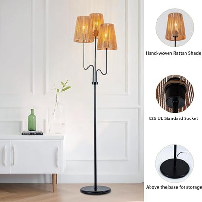 MAYNA 3-Light Black Boho Floor Lamp with Handwoven Rattan Shades | Adjustable Swiveling Arms, Foot Switch Standinmg Floor Lamp for Living Room & Bedroom, 3 LED Bulbs Included - color: Black 3 Lights