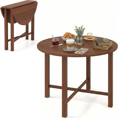 SIMOE Round Drop Leaf Dining Table for 2-4 People, 36” Folding Kitchen Table with Solid Wood Legs, Farmhouse Extendable Table for Dining Room, Living Room, Restaurant (Round, Walnut)