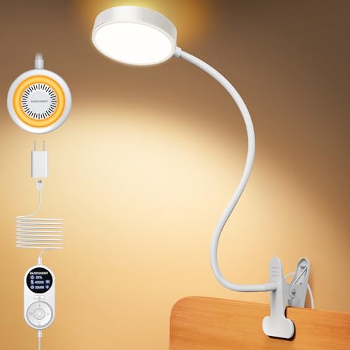 Glocusent 72 LED Clip on Lamp, Reading Lamp with Amber Ring& Amber Mode | 3 Colors & 5 Dimmable Desk Lamp, 2.75" Clamp & 30Min Timer, USB Powered, Clamp Light for Headboard/Dorm/Bunk/Work/Craft - color: White