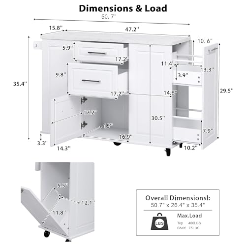 50.7" Kitchen Island with Storage Tilt Trash Can Cabinet and Pull Out Cabinet Organizer, Rolling Kitchen Island on 5 Wheels with Drop Leaf (White/tt) - color: White/Tt)