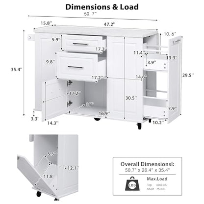 50.7" Kitchen Island with Storage Tilt Trash Can Cabinet and Pull Out Cabinet Organizer, Rolling Kitchen Island on 5 Wheels with Drop Leaf (White/tt) - color: White/Tt)