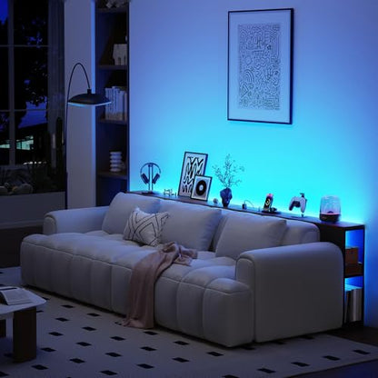 BROTTAR 79" Long Behind Couch Table with LED Lights and Power Outlet, Brown | Industrial Behind Sofa Table with Bookcase & Human Body Sensor, Skinny Console Table with Storage for Living Room