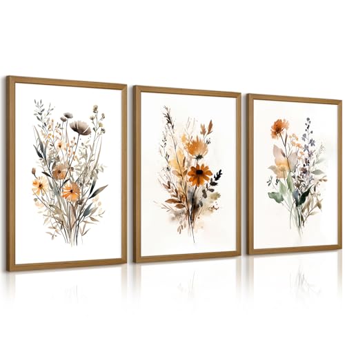 Botanical Wall Art Set of 3 Floral Wall Decor Prints Vintage Canvas Wall Art Wildflower Watercolor Pictures Farmhouse Artwork Floral Modern Painting for Bathroom Bedroom 12x16 Inch Wood Framed - color: Colorful Flower Prints, size: 12x16 Inch Framed
