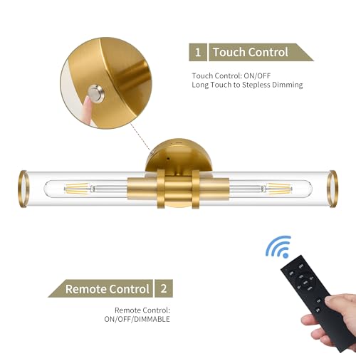 8000mAh Wireless Wall Sconces with Remote Control 3000K, Gold, 20.5 Inch | Battery Operated Wall Sconce Set of 2 with Timer, Rechargeable Dimmable Wall Lights for Living Room Bedroom Hallway Entryway - color: Gold(Clear Tubular Lampshade)