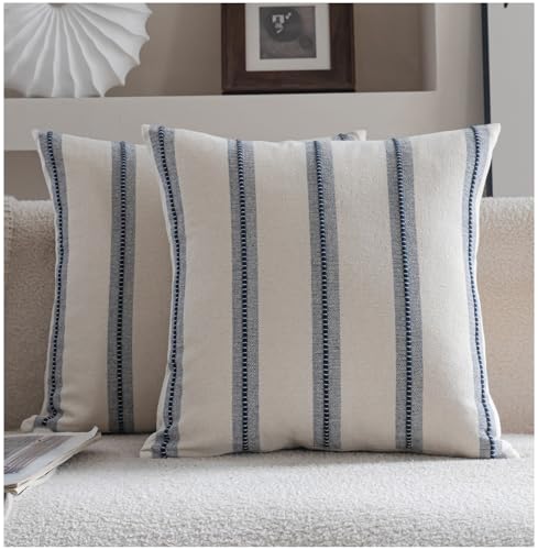 Cethom Boho Throw Pillow Covers 18x18 Set of 2, Navy Blue Striped Decorative Pillow Cases for Couch Chair Bed, Textured Farmhouse Modern Accent Cushion Covers for Living Room Bedroom Sofa Home Decor - color: Navy Blue, size: 18" x 18" (Pack of 2)