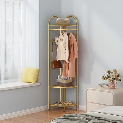 Metal Corner Coat Racks, Gold Clothing Racks Hall Tree, Freestanding Garment Rack with Hooks and Storage Shelf for Hallway, Entryway, Bedroom, Living Room, Office(Gold)