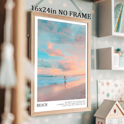 Pink and Blue Coastal Wall Art Cute Preppy Summer Pictures Aesthetic Summer Posters Trendy Beach Pictures Blue Ocean Painting Coastal Cowgirl Artwork Beach Wave Picture for Home Room 16x24in Frameless - color: C2Unframed