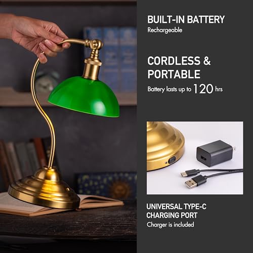 O'Bright Bankers - Cordless LED Table Lamp, Battery-Operated, Rechargeable, 3-Level Dimming, Universal USB-C Charging, 180° Swivel Head, Classic Green Glass Shade, Antique Brass - color: Antique Brass-Green Glass