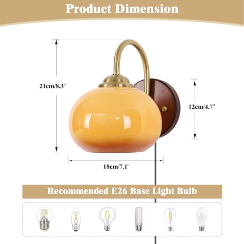 KCO Lighting Plug in Wall Sconces Set of 2 Vintage Gold Wall Sconce Glass Globe Bedroom Wall Sconces Set of Two Plug in Mid Century Modern Bathroom Wall Light - color: Orange-2PC