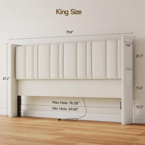 King Size Headboard with Storage, LED Light, Off White | Linen Vertical Wingback Headboard w/ Charging Station, Upholstered Head Board w/ High-Density Foam Padding, 2 Storage Pockets - color: Off-White, size: King