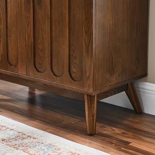 Small Sideboard Buffet,Mid Century Modern Storage Cabinet with Doors | Real Wood Veneer Credenza Storage Cabinet,Living Room Accent Cabinet,Small Walnut Sideboard Buffet,Boho Bar Cabinet - color: Walnut