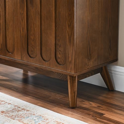 Small Sideboard Buffet,Mid Century Modern Storage Cabinet with Doors | Real Wood Veneer Credenza Storage Cabinet,Living Room Accent Cabinet,Small Walnut Sideboard Buffet,Boho Bar Cabinet - color: Walnut